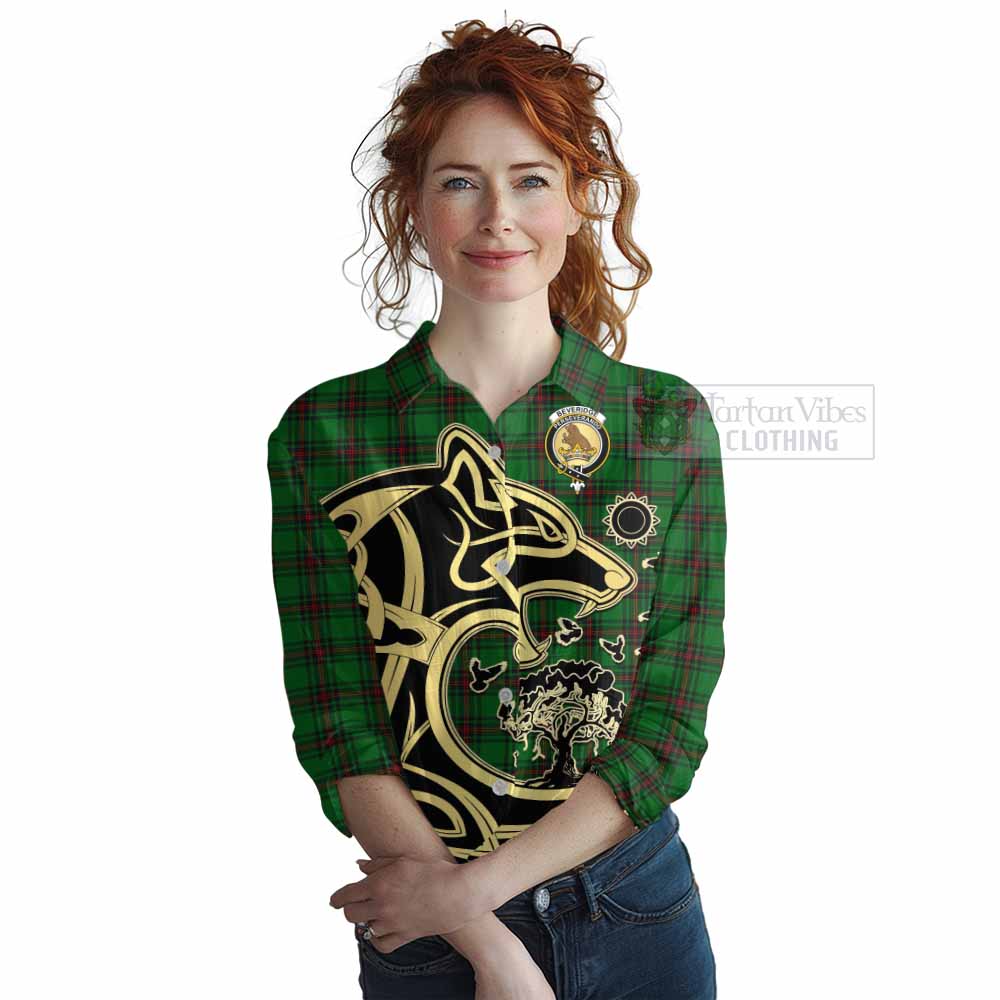 Tartan Vibes Clothing Beveridge Tartan Women's Casual Shirt with Family Crest Celtic Wolf Style