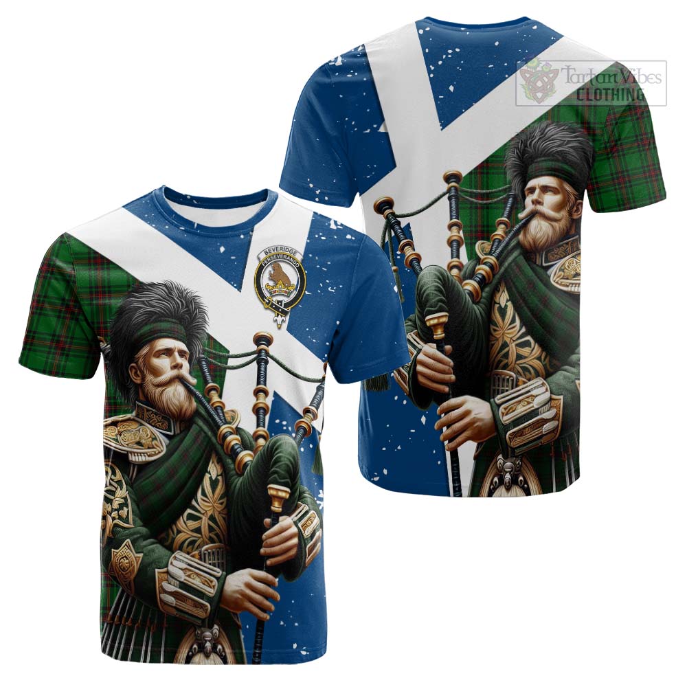 Tartan Vibes Clothing Beveridge Tartan Cotton T-shirt with Family Crest Scottish Bagpiper Vibes