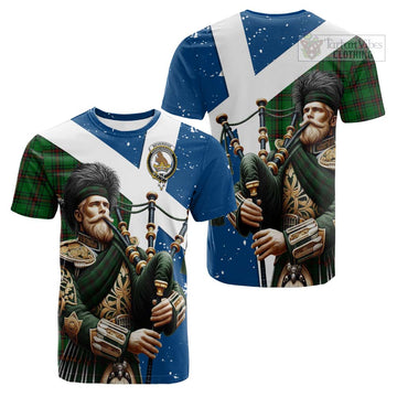 Beveridge Tartan Cotton T-shirt with Family Crest Scottish Bagpiper Vibes