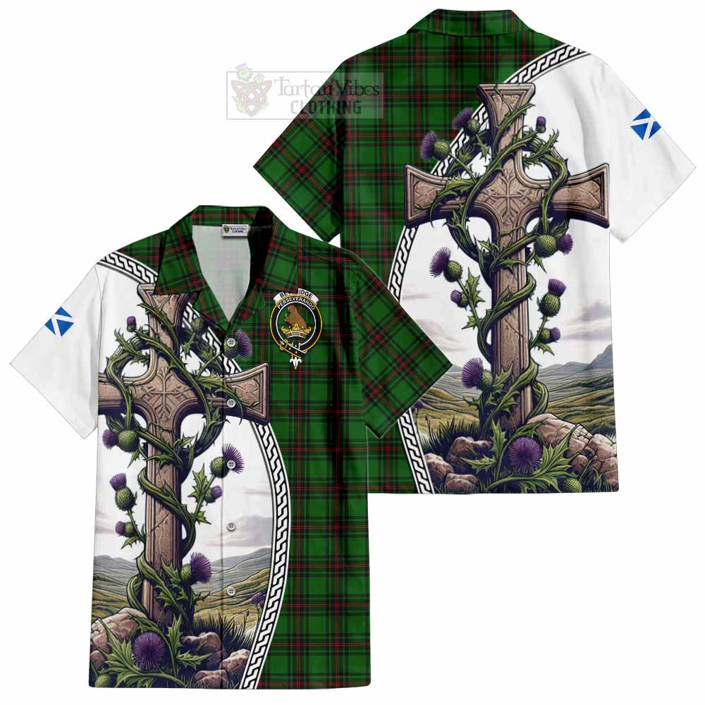 Tartan Vibes Clothing Beveridge Tartan Short Sleeve Button Shirt with Family Crest and St. Andrew's Cross Accented by Thistle Vines