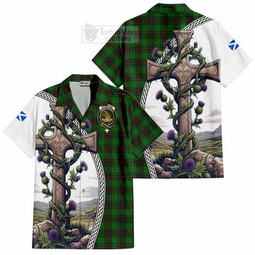 Beveridge Tartan Short Sleeve Button Shirt with Family Crest and St. Andrew's Cross Accented by Thistle Vines