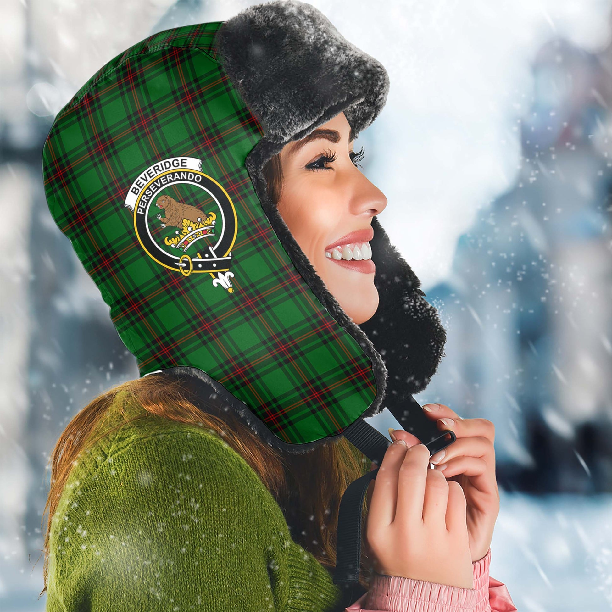 Beveridge Tartan Winter Trapper Hat with Family Crest Winter Trapper Hat Universal Fit Circumference 22.8in (58cm) - Tartanvibesclothing