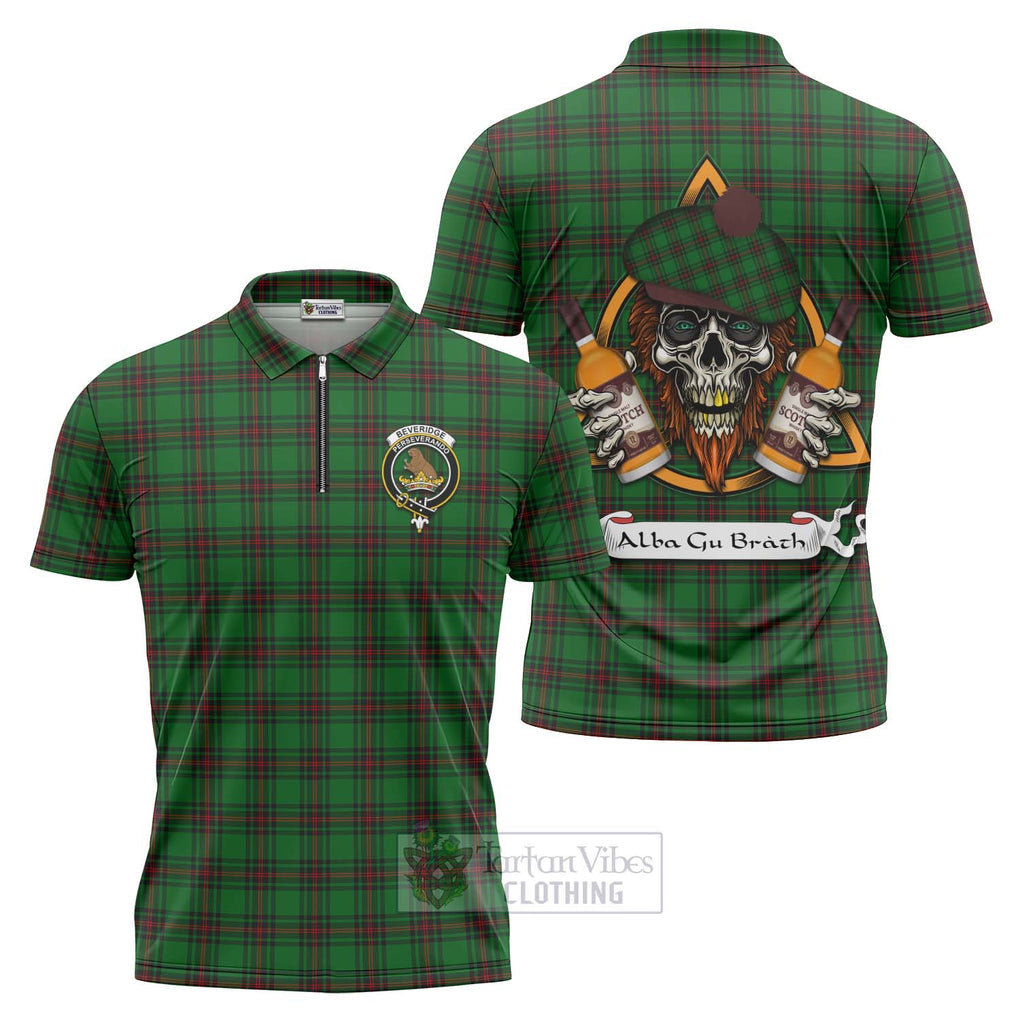 Tartan Vibes Clothing Beveridge Tartan Zipper Polo Shirt with Family Crest and Bearded Skull Holding Bottles of Whiskey