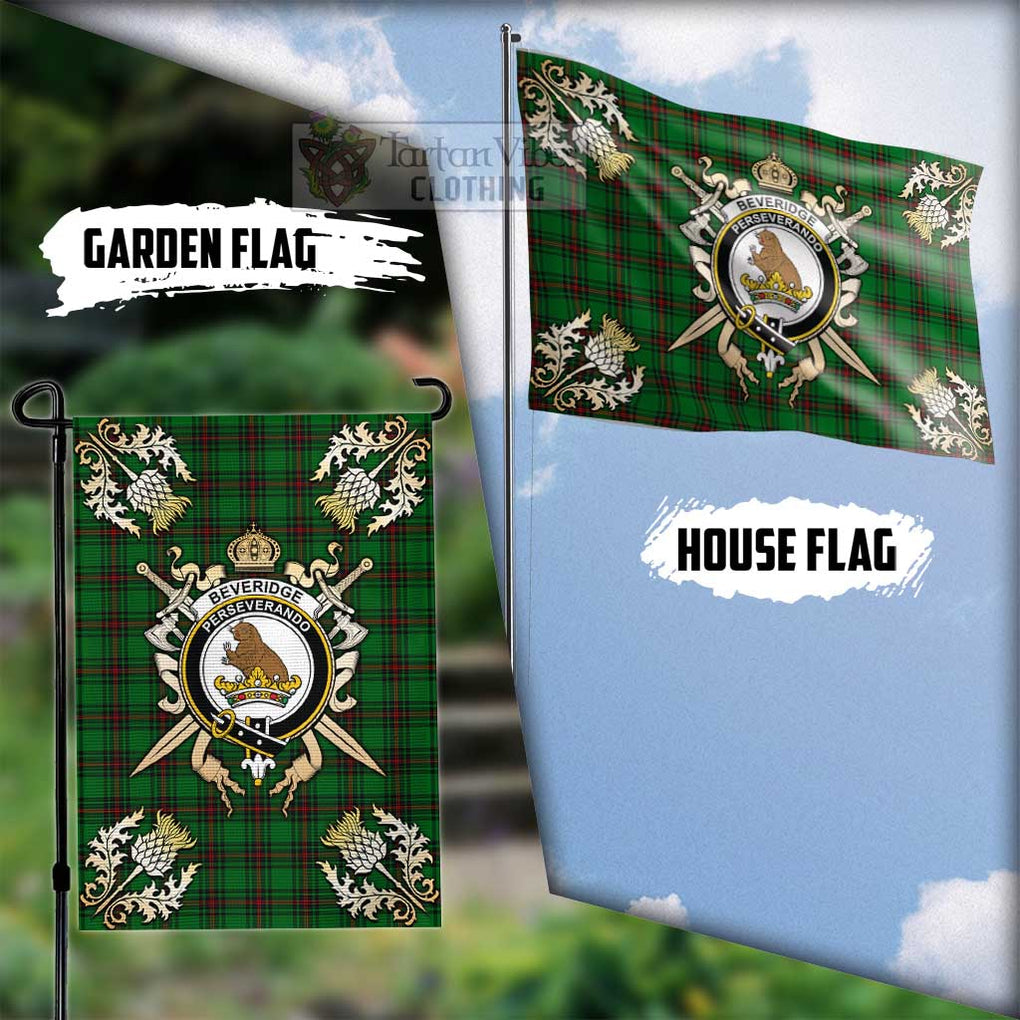 Tartan Vibes Clothing Beveridge Tartan Flag with Family Crest and Golden Thistle Crossed Sword Design