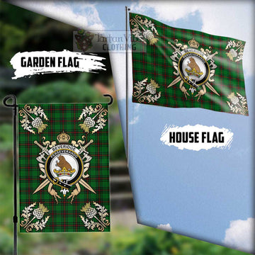 Beveridge Tartan Flag with Family Crest and Golden Thistle Crossed Sword Design