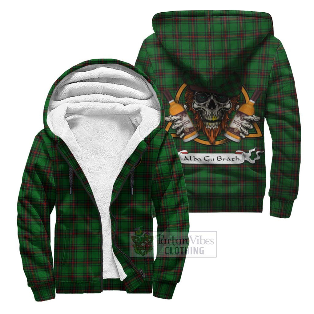 Tartan Vibes Clothing Beveridge Tartan Sherpa Hoodie with Family Crest and Bearded Skull Holding Bottles of Whiskey