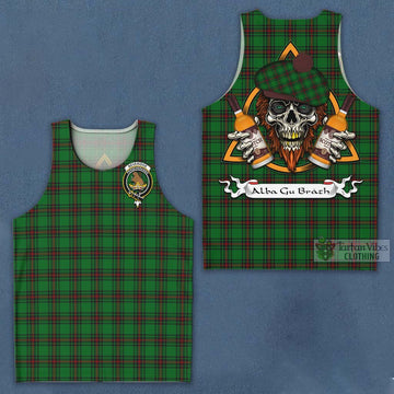 Beveridge Tartan Men's Tank Top with Family Crest and Bearded Skull Holding Bottles of Whiskey