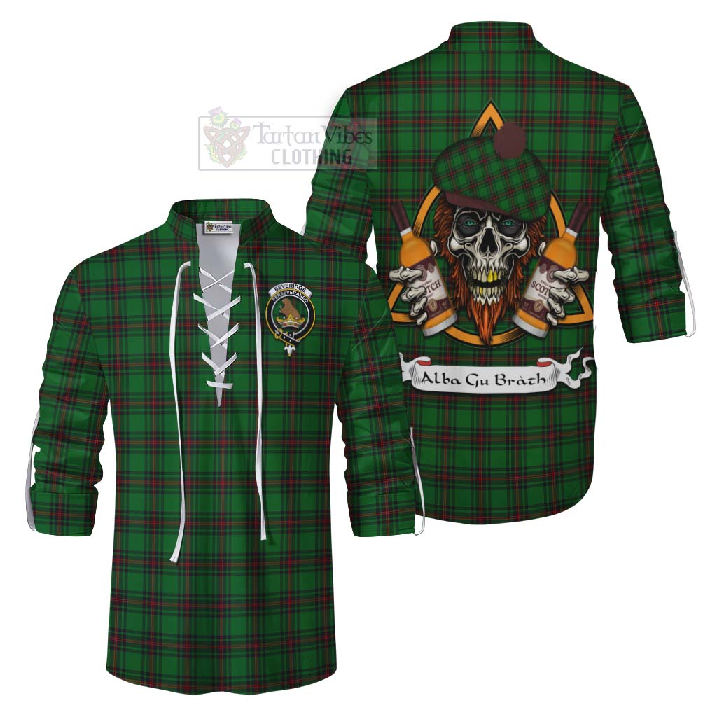 Tartan Vibes Clothing Beveridge Tartan Ghillie Kilt Shirt with Family Crest and Bearded Skull Holding Bottles of Whiskey