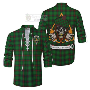 Beveridge Tartan Ghillie Kilt Shirt with Family Crest and Bearded Skull Holding Bottles of Whiskey