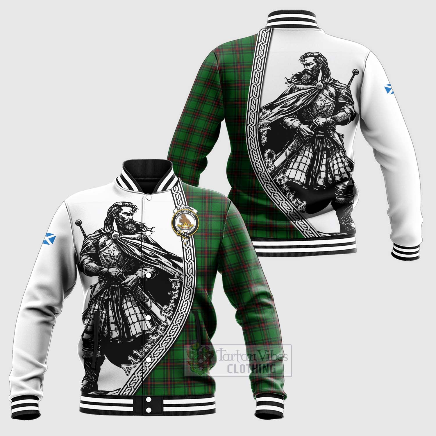 Tartan Vibes Clothing Beveridge Tartan Clan Crest Baseball Jacket with Highlander Warrior Celtic Style