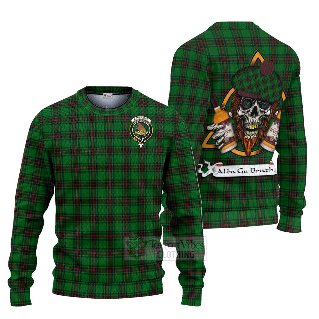 Tartan Vibes Clothing Beveridge Tartan Knitted Sweater with Family Crest and Bearded Skull Holding Bottles of Whiskey