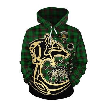 Beveridge Tartan Cotton Hoodie with Family Crest Celtic Wolf Style