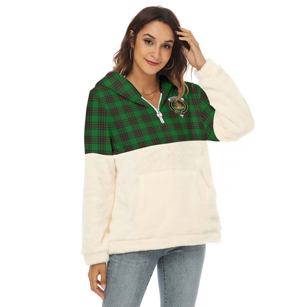 Beveridge Tartan Women's Borg Fleece Hoodie With Half Zip with Family Crest Female - Tartanvibesclothing