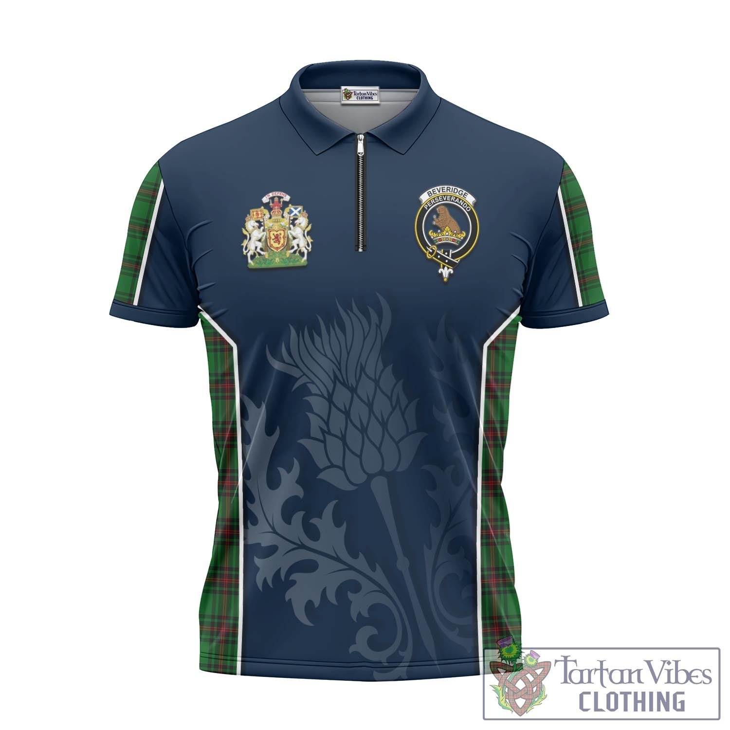 Tartan Vibes Clothing Beveridge Tartan Zipper Polo Shirt with Family Crest and Scottish Thistle Vibes Sport Style