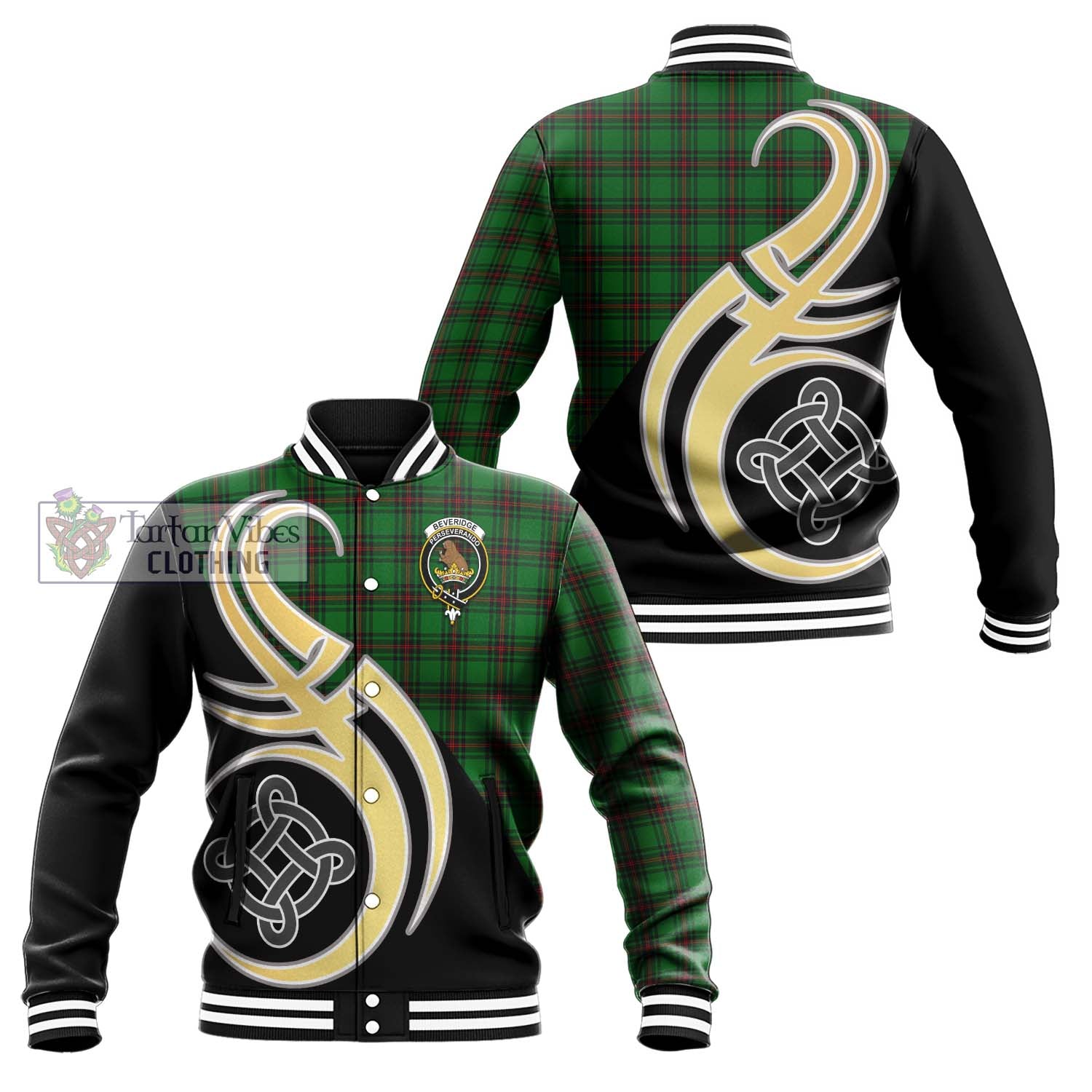 Beveridge Tartan Baseball Jacket with Family Crest and Celtic Symbol Style Unisex - Tartan Vibes Clothing