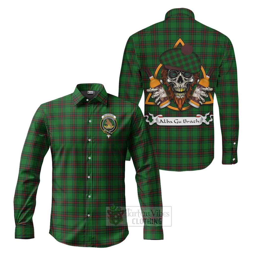 Tartan Vibes Clothing Beveridge Tartan Long Sleeve Button Shirt with Family Crest and Bearded Skull Holding Bottles of Whiskey