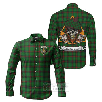 Beveridge Tartan Long Sleeve Button Shirt with Family Crest and Bearded Skull Holding Bottles of Whiskey