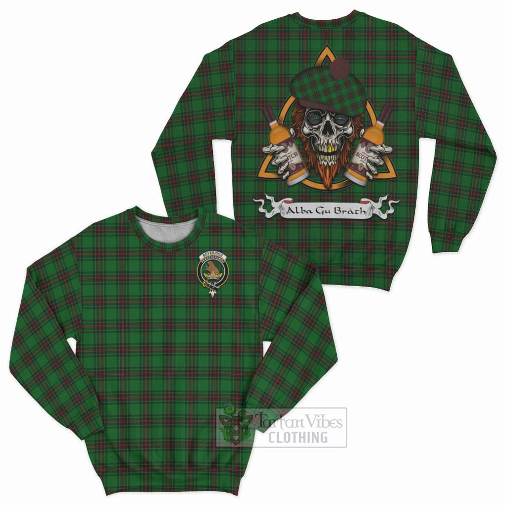 Tartan Vibes Clothing Beveridge Tartan Sweatshirt with Family Crest and Bearded Skull Holding Bottles of Whiskey