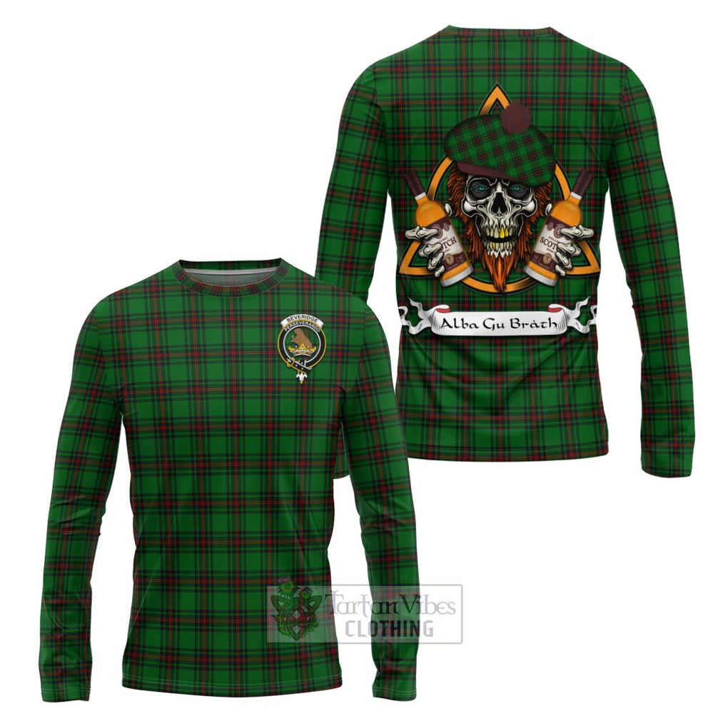 Tartan Vibes Clothing Beveridge Tartan Long Sleeve T-Shirt with Family Crest and Bearded Skull Holding Bottles of Whiskey