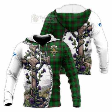 Beveridge Tartan Knitted Hoodie with Family Crest and St. Andrew's Cross Accented by Thistle Vines