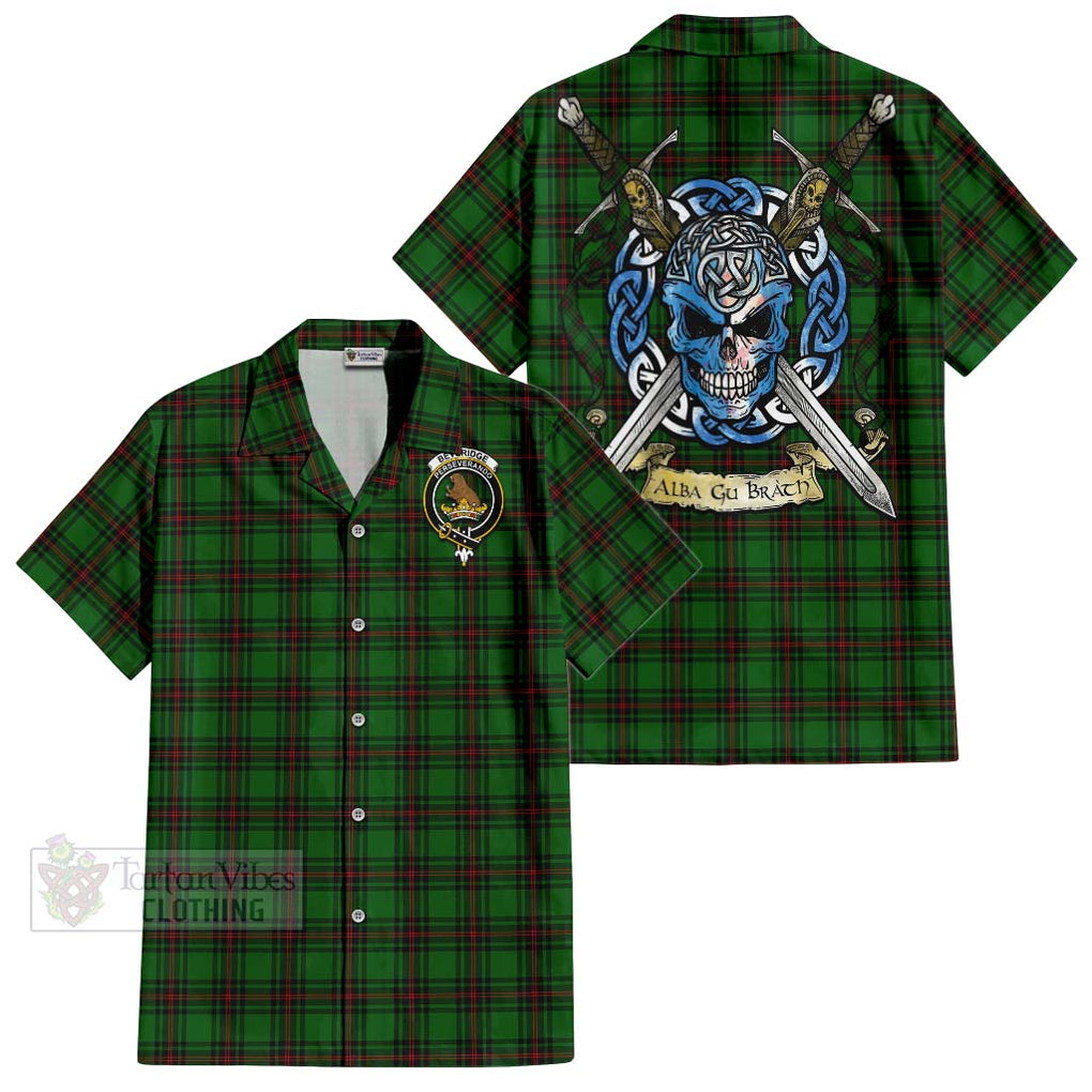 Tartan Vibes Clothing Beveridge Tartan Short Sleeve Button Shirt with Family Crest Celtic Skull Style