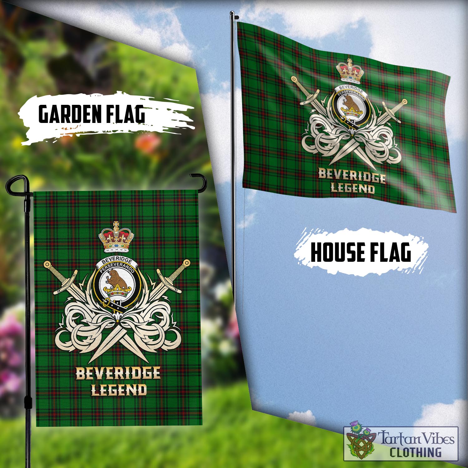 Tartan Vibes Clothing Beveridge Tartan Flag with Clan Crest and the Golden Sword of Courageous Legacy