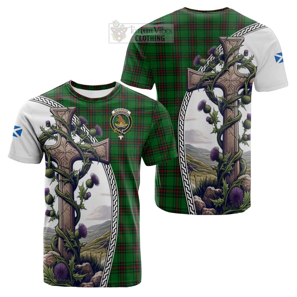 Tartan Vibes Clothing Beveridge Tartan Cotton T-shirt with Family Crest and St. Andrew's Cross Accented by Thistle Vines