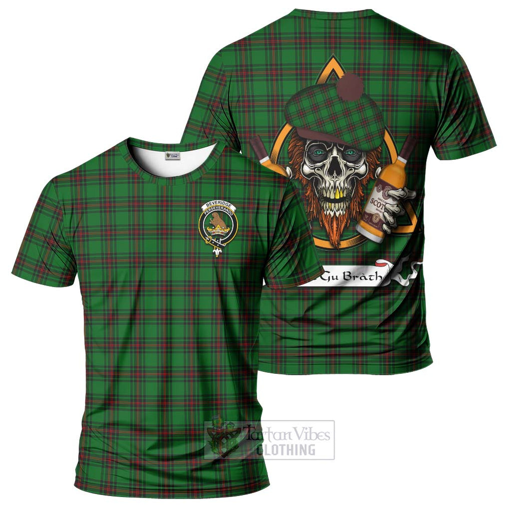 Tartan Vibes Clothing Beveridge Tartan T-Shirt with Family Crest and Bearded Skull Holding Bottles of Whiskey