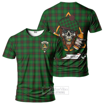 Beveridge Tartan T-Shirt with Family Crest and Bearded Skull Holding Bottles of Whiskey