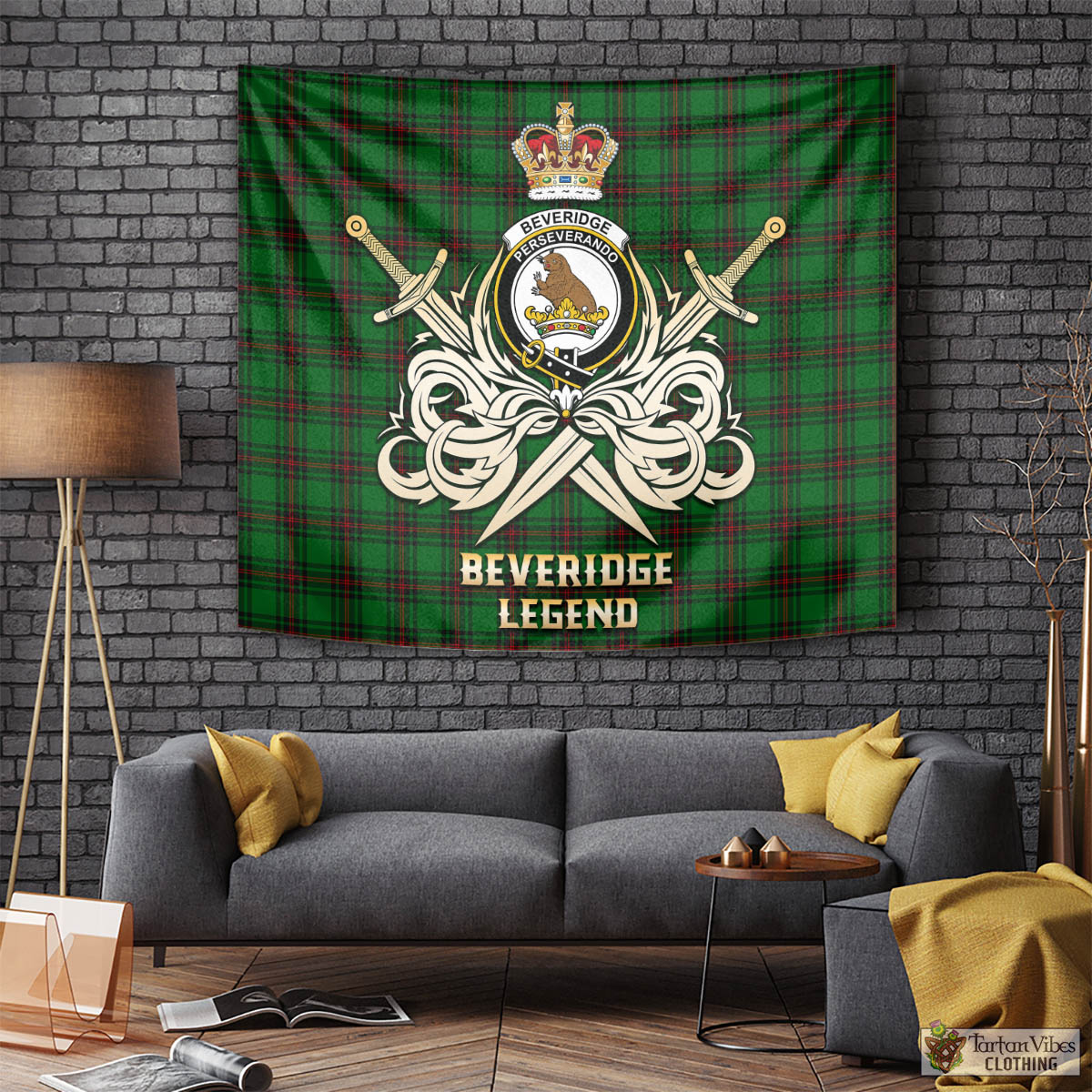 Tartan Vibes Clothing Beveridge Tartan Tapestry with Clan Crest and the Golden Sword of Courageous Legacy