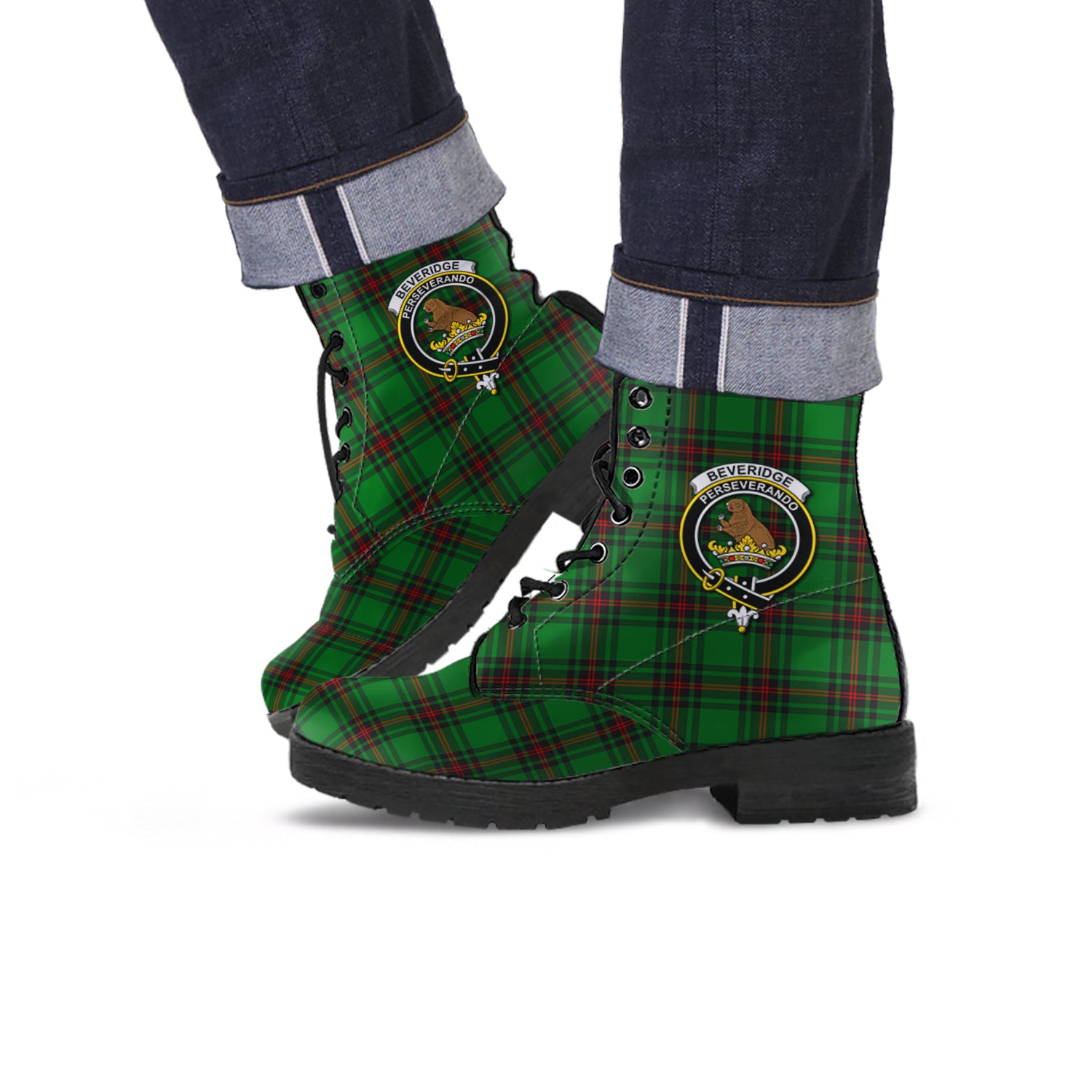 Beveridge Tartan Leather Boots with Family Crest - Tartanvibesclothing