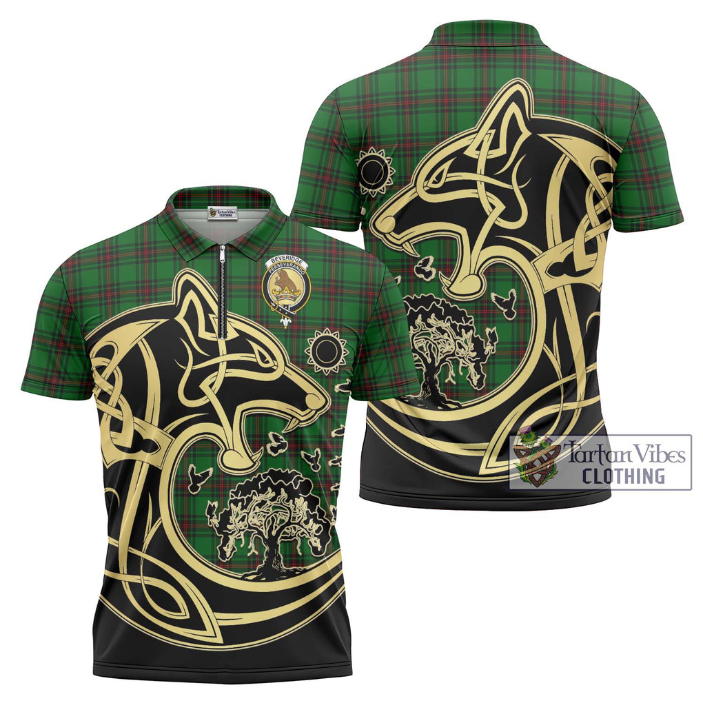 Beveridge Tartan Zipper Polo Shirt with Family Crest Celtic Wolf Style Unisex - Tartanvibesclothing Shop