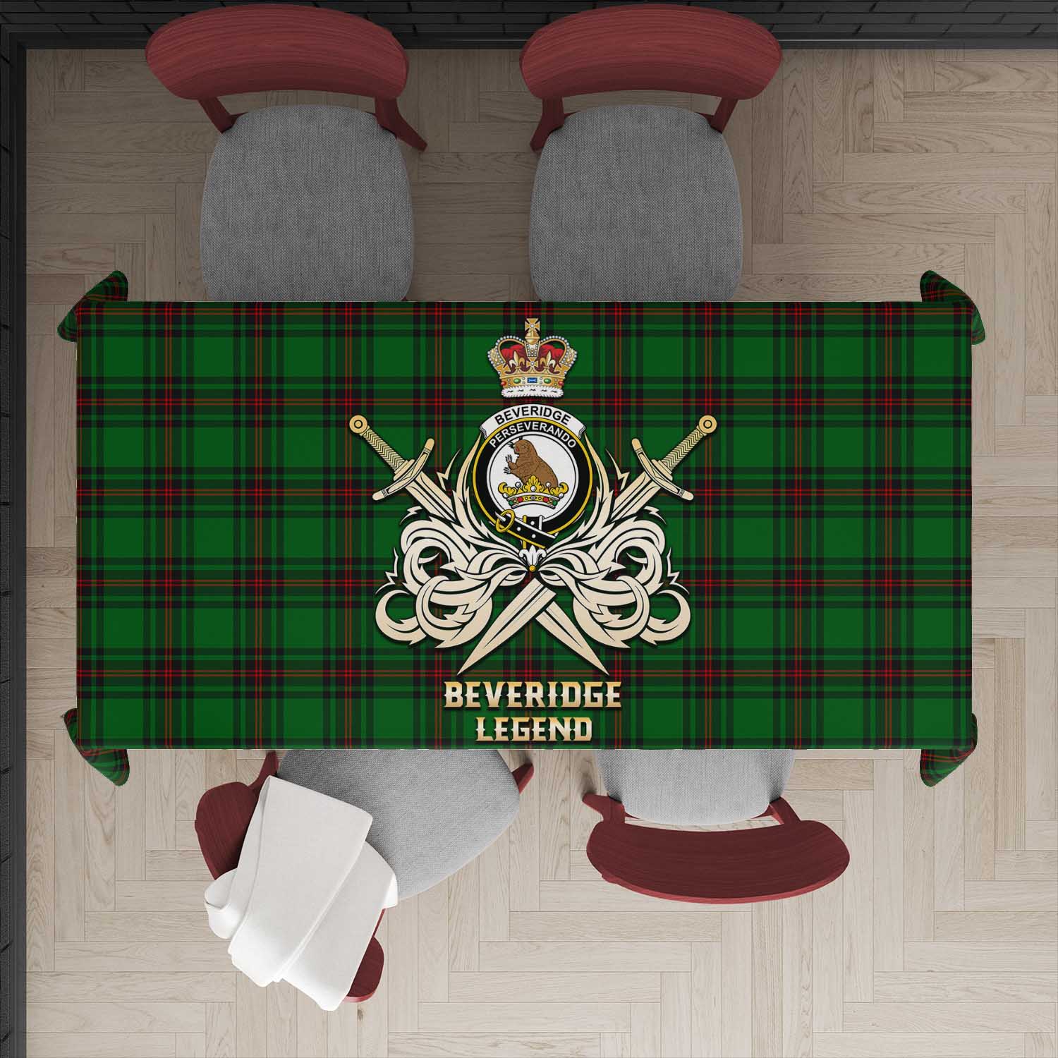 Tartan Vibes Clothing Beveridge Tartan Tablecloth with Clan Crest and the Golden Sword of Courageous Legacy