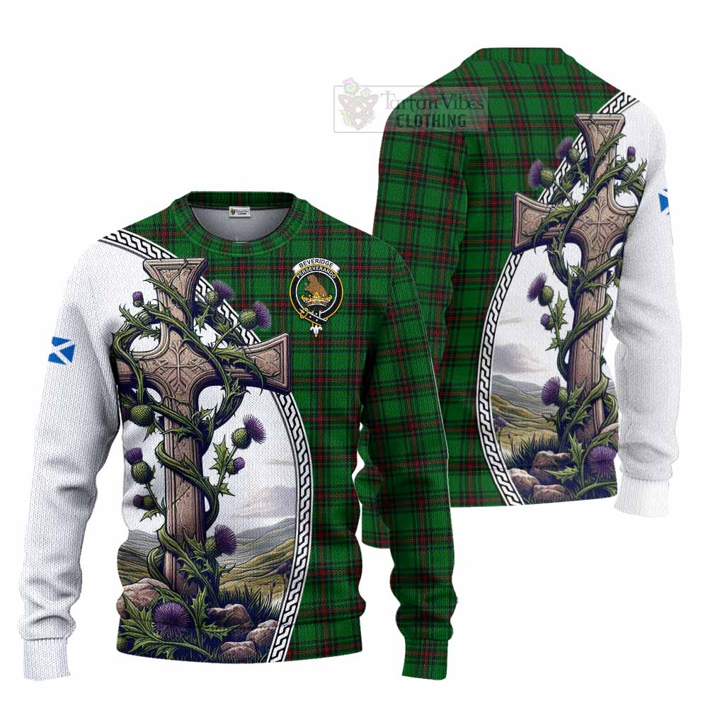 Tartan Vibes Clothing Beveridge Tartan Knitted Sweater with Family Crest and St. Andrew's Cross Accented by Thistle Vines