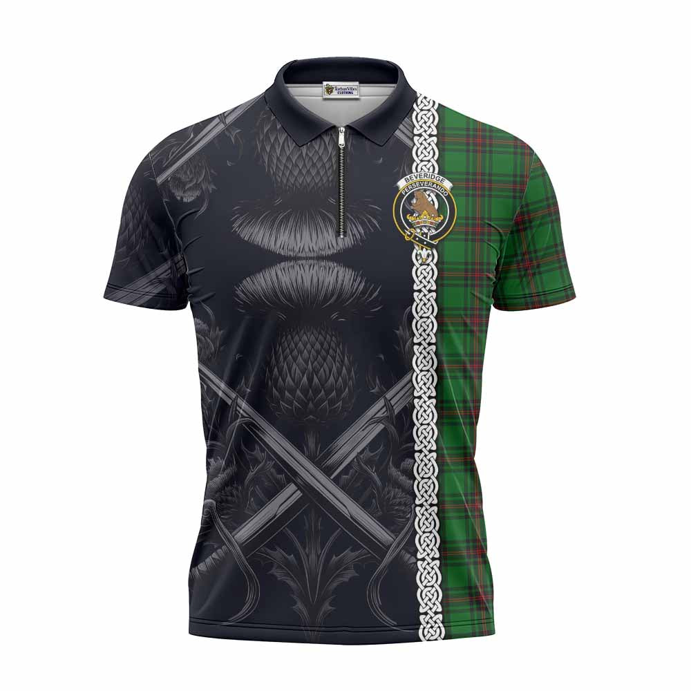 Tartan Vibes Clothing Beveridge Tartan Zipper Polo Shirt with Family Crest Cross Sword Thistle Celtic Vibes