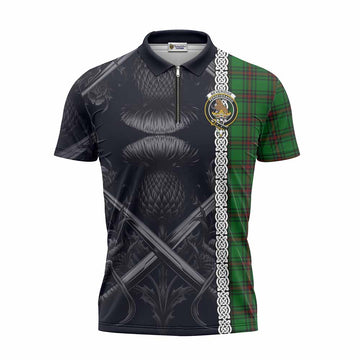 Beveridge Tartan Zipper Polo Shirt with Family Crest Cross Sword Thistle Celtic Vibes