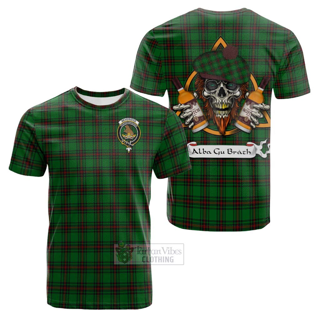 Tartan Vibes Clothing Beveridge Tartan Cotton T-shirt with Family Crest and Bearded Skull Holding Bottles of Whiskey