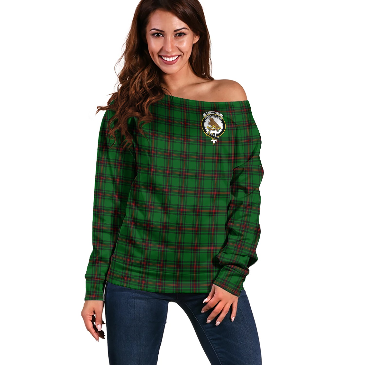 Beveridge Tartan Off Shoulder Women Sweater with Family Crest Women - Tartanvibesclothing