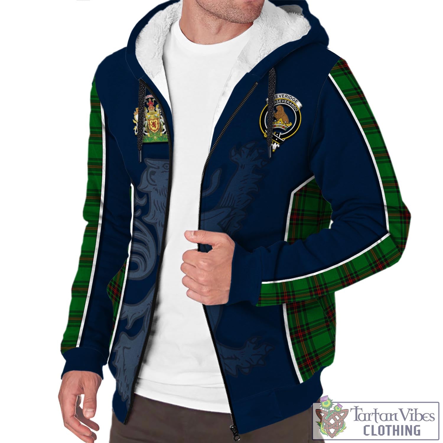 Tartan Vibes Clothing Beveridge Tartan Sherpa Hoodie with Family Crest and Lion Rampant Vibes Sport Style