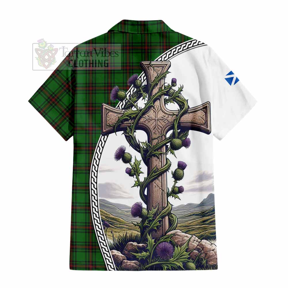 Tartan Vibes Clothing Beveridge Tartan Short Sleeve Button Shirt with Family Crest and St. Andrew's Cross Accented by Thistle Vines