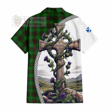 Beveridge Tartan Short Sleeve Button Shirt with Family Crest and St. Andrew's Cross Accented by Thistle Vines