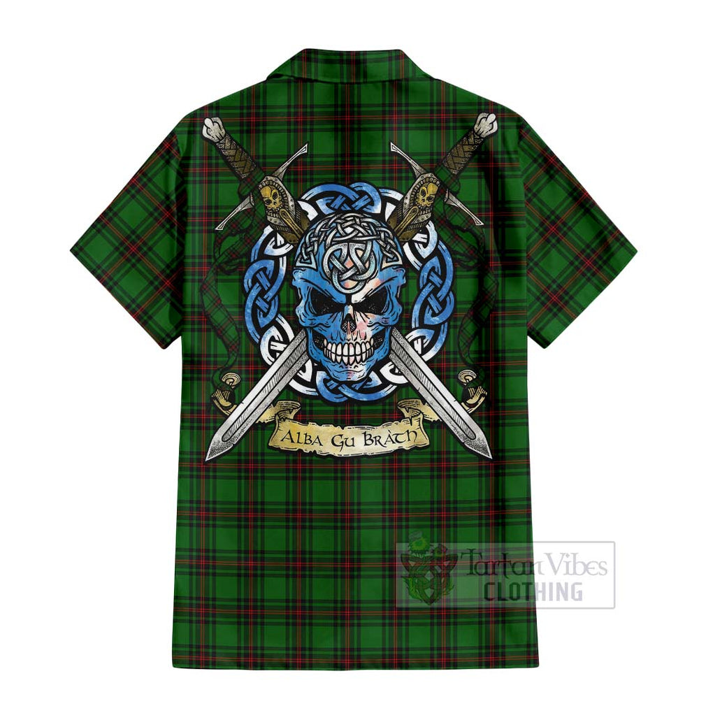 Tartan Vibes Clothing Beveridge Tartan Short Sleeve Button Shirt with Family Crest Celtic Skull Style