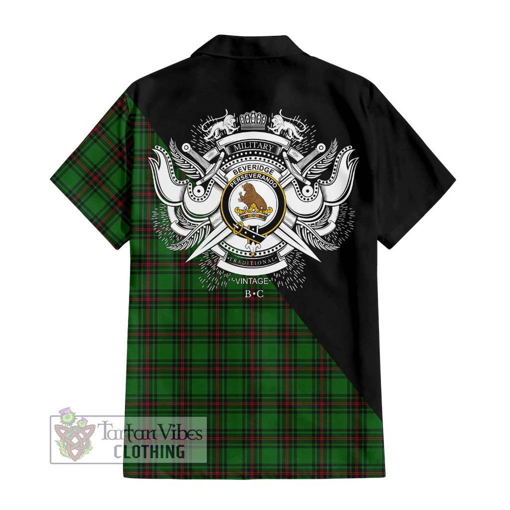 Beveridge Tartan Short Sleeve Button Shirt with Family Crest and Military Logo Style - Tartanvibesclothing Shop