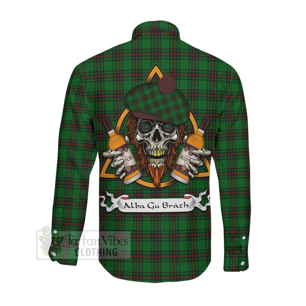 Tartan Vibes Clothing Beveridge Tartan Long Sleeve Button Shirt with Family Crest and Bearded Skull Holding Bottles of Whiskey