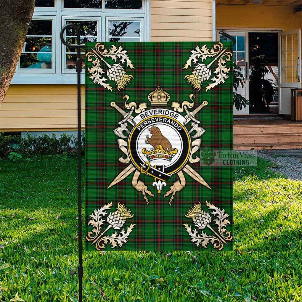 Tartan Vibes Clothing Beveridge Tartan Flag with Family Crest and Golden Thistle Crossed Sword Design