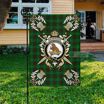 Beveridge Tartan Flag with Family Crest and Golden Thistle Crossed Sword Design