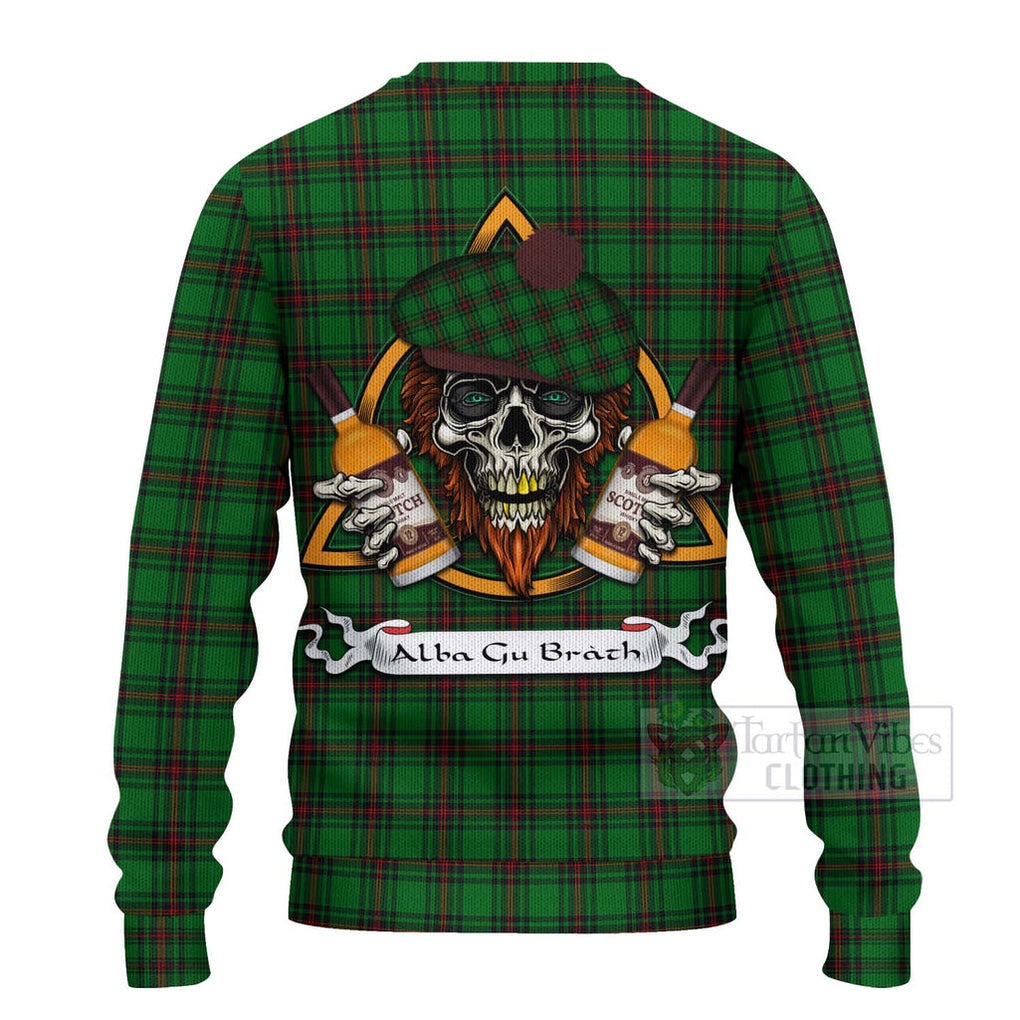 Tartan Vibes Clothing Beveridge Tartan Knitted Sweater with Family Crest and Bearded Skull Holding Bottles of Whiskey