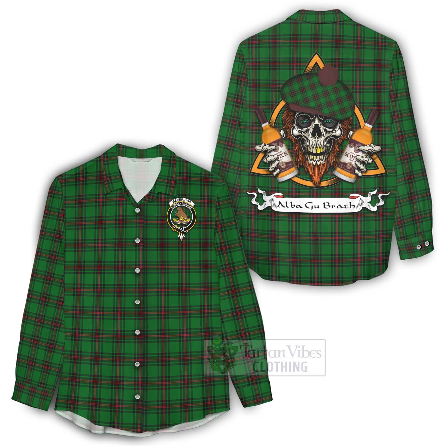 Tartan Vibes Clothing Beveridge Tartan Women's Casual Shirt with Family Crest and Bearded Skull Holding Bottles of Whiskey