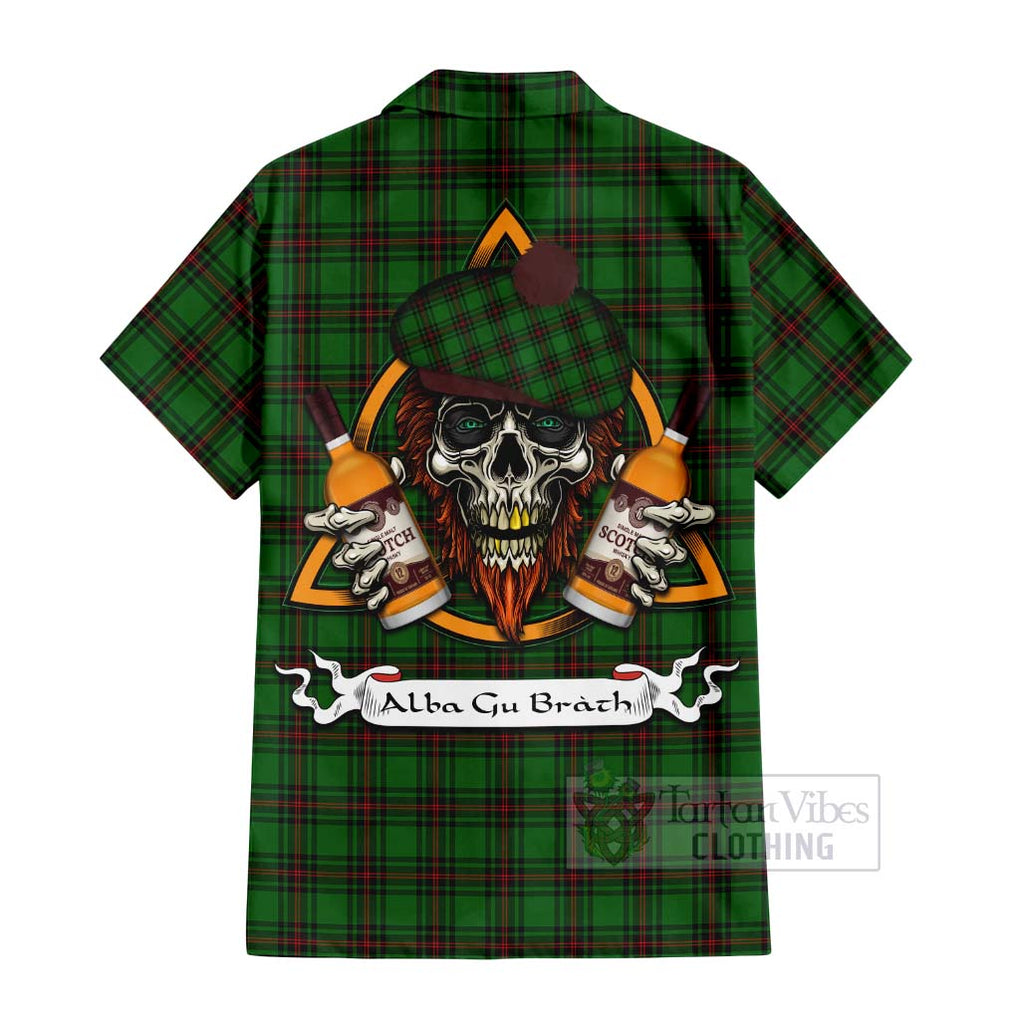 Tartan Vibes Clothing Beveridge Tartan Short Sleeve Button Shirt with Family Crest and Bearded Skull Holding Bottles of Whiskey