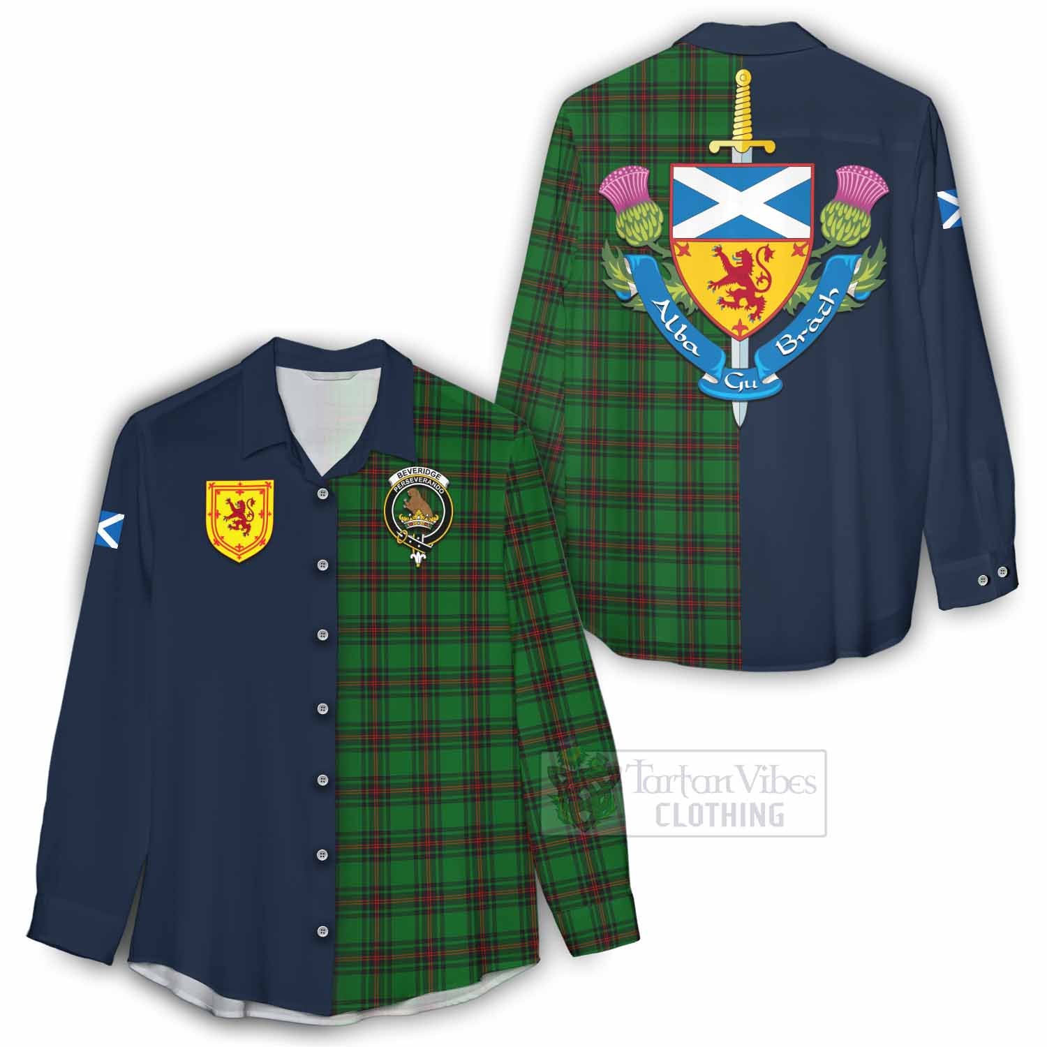 Tartan Vibes Clothing Beveridge Tartan Women's Casual Shirt Alba with Scottish Lion Royal Arm Half Style